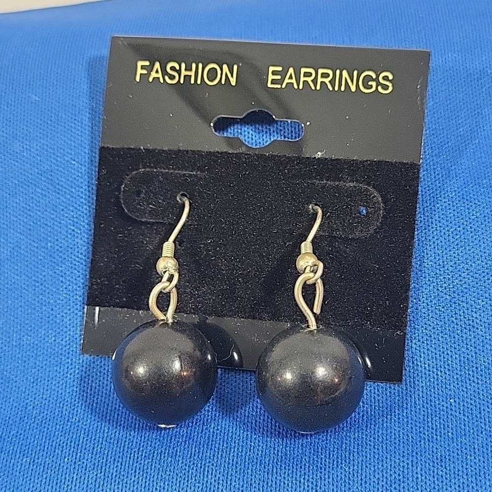 Vintage 80s Beaded Earrings Black Plastic Singular Drop Hooks Minimalist NOS